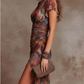 Vestido midi plissado estilo boémio com estampado de pôr do sol no deserto
